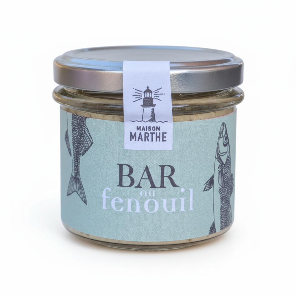 Feinere Wolfsbarsch mit Fenchel in Konserve von Conserverie Maison Marthe, hergestellt auf der Insel Oléron.