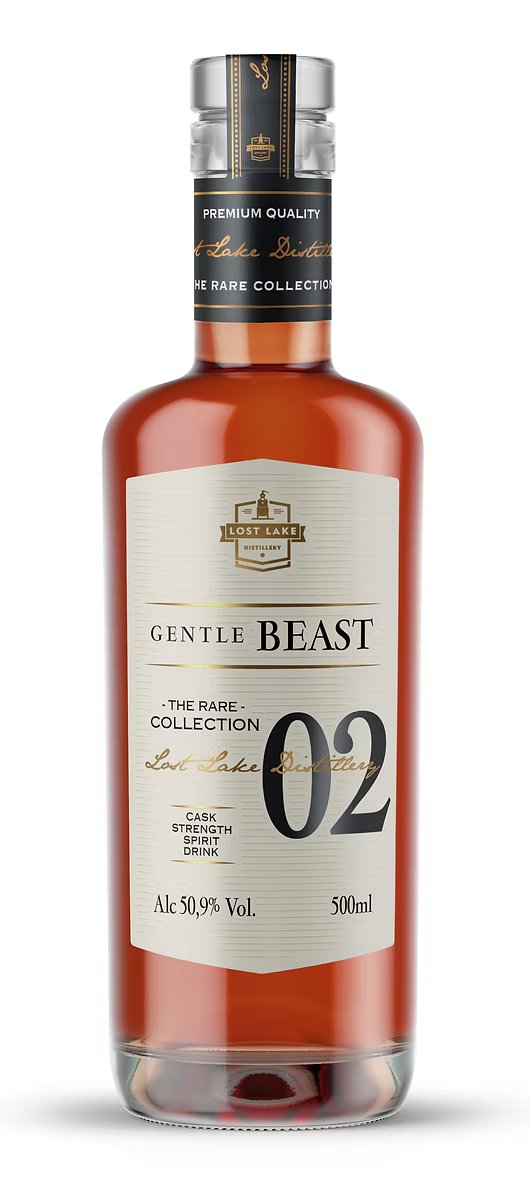Lost Lake Distillery Gentle Beast 02 spirituose bottle with intricate label design and rich amber liquid.
