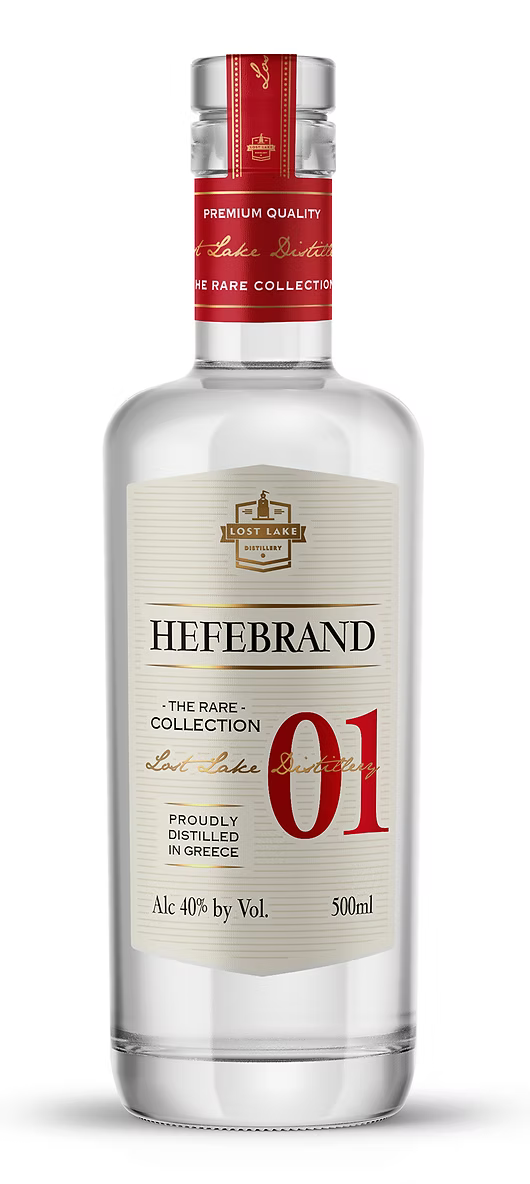 Lost Lake Distillery Hefebrand 01 bottle with label showcasing its unique design and clear spirit inside.