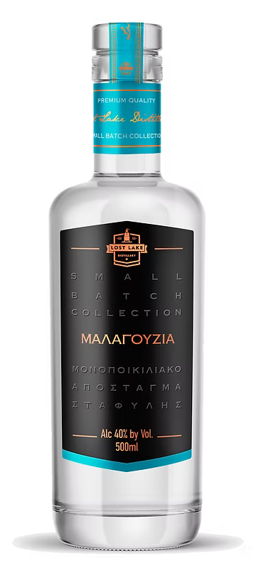 Lost Lake Distillery Malagousia spirit bottle with elegant label and rich amber liquid against a neutral background.