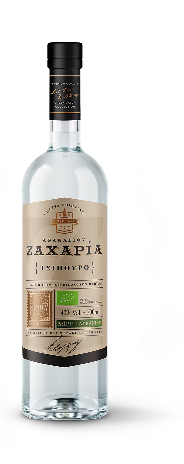 Roditis Ohne Anis BIO spirit from Lost Lake Distillery in a clear bottle with a label showcasing its organic certification.