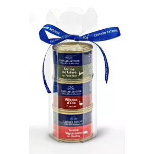 Set mit 3 feinen Pasteten von Edouard Artzner, Hasenterrine mit Pinot Noir, Gänse-Rillettes und Vigneronne-Terrine mit Riesling