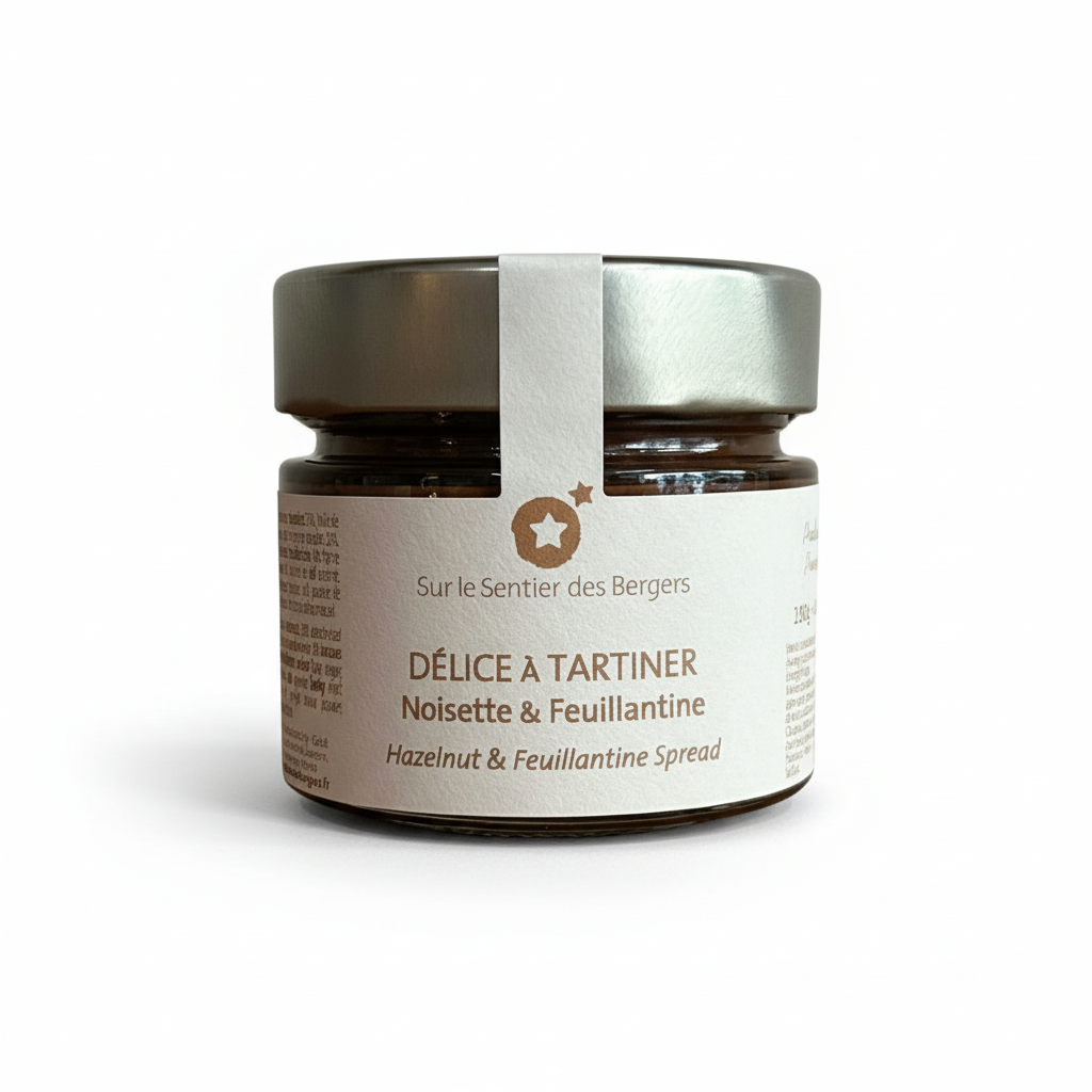 Haselnuss-Feuillantine-Aufstrich von Sur le Sentier des Bergers, cremiger Feinkostaufstrich in 180 g Glas.