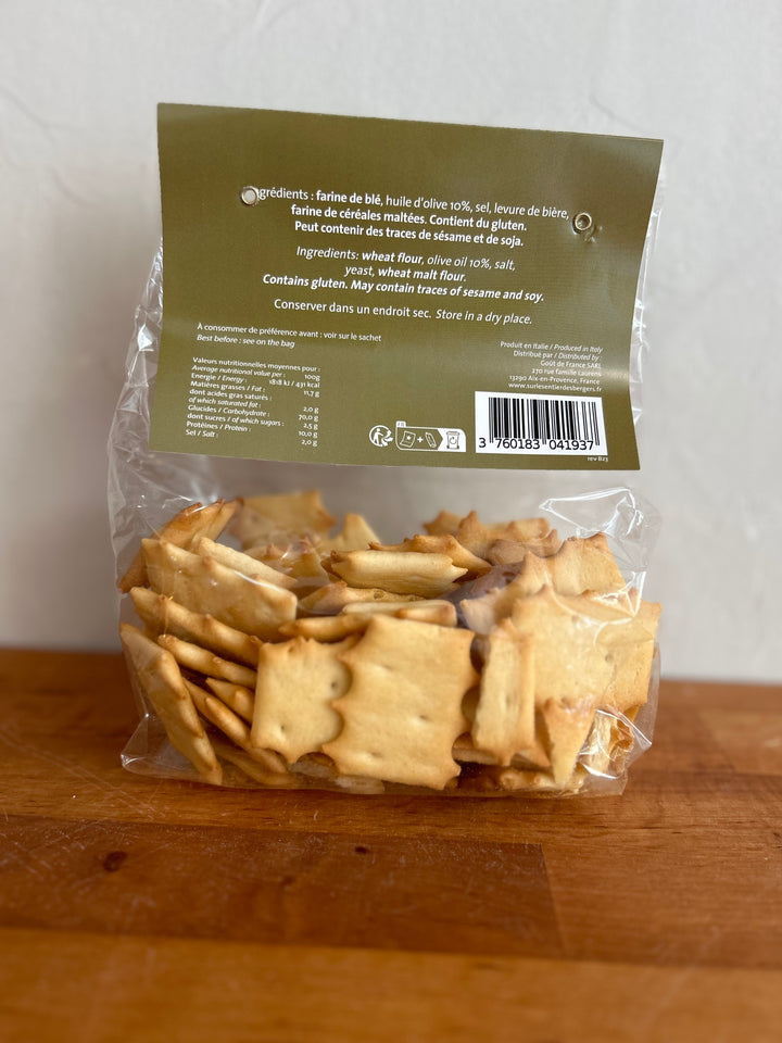 Verpackung der Aperitif-Cracker in Olivenöl extra vergine, 150 g, von Sur le Sentier des Bergers.
