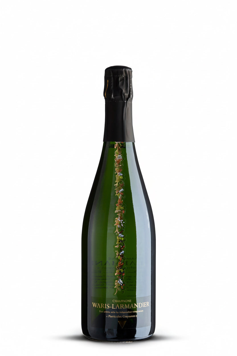 Waris-Larmandier Particules Crayeuses Extra Brut GC BdB sparkling wine in a flute with bubbles and elegant label.