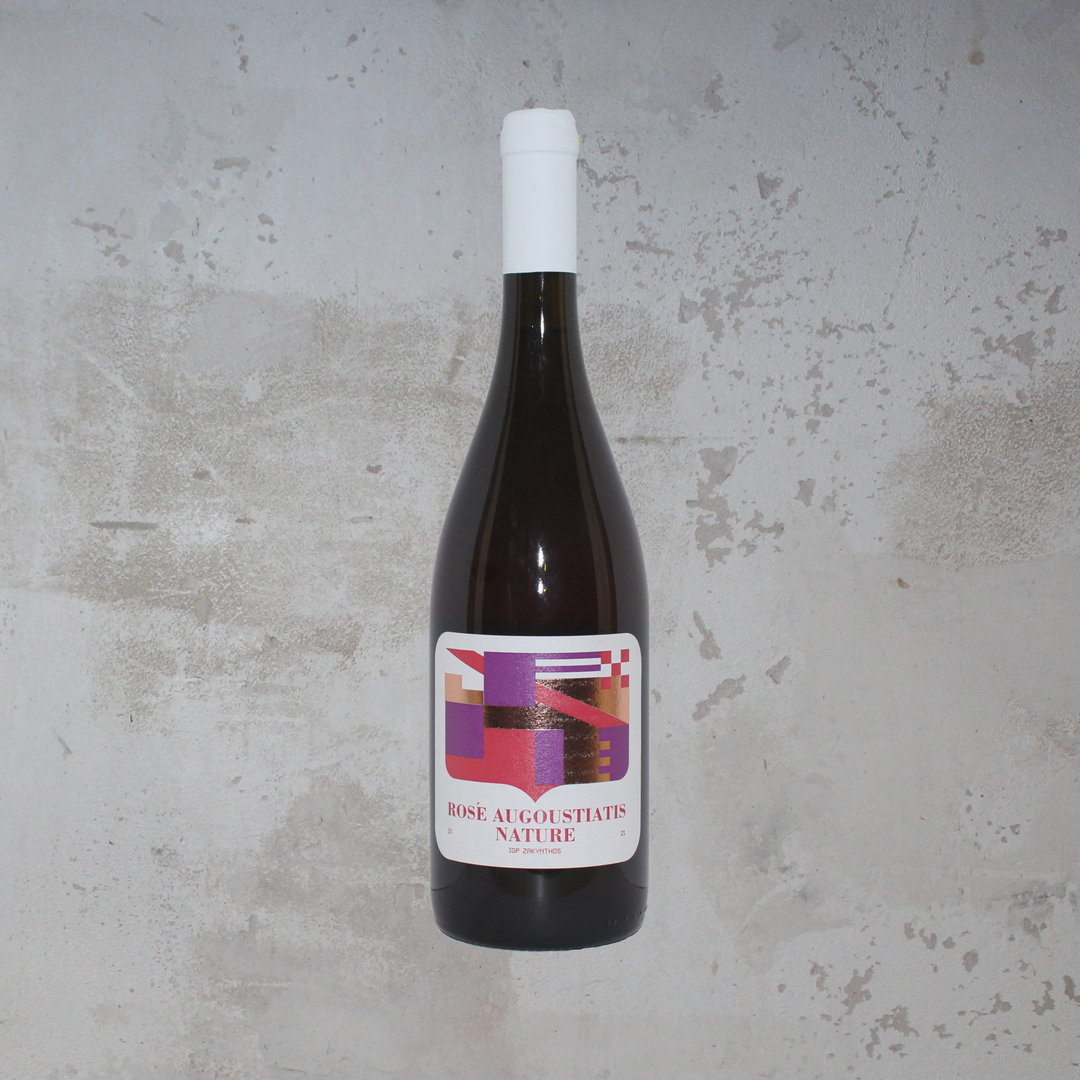 Flasche Dimitris Kefallinos Avgoustiatis Rosé Nature 2021. Die elegante Flasche zeigt ein ansprechendes Etikett mit stilvoller Schrift und einem modernen Design, das die frischen Aromen und die Herkunft dieses griechischen Roséweins betont.