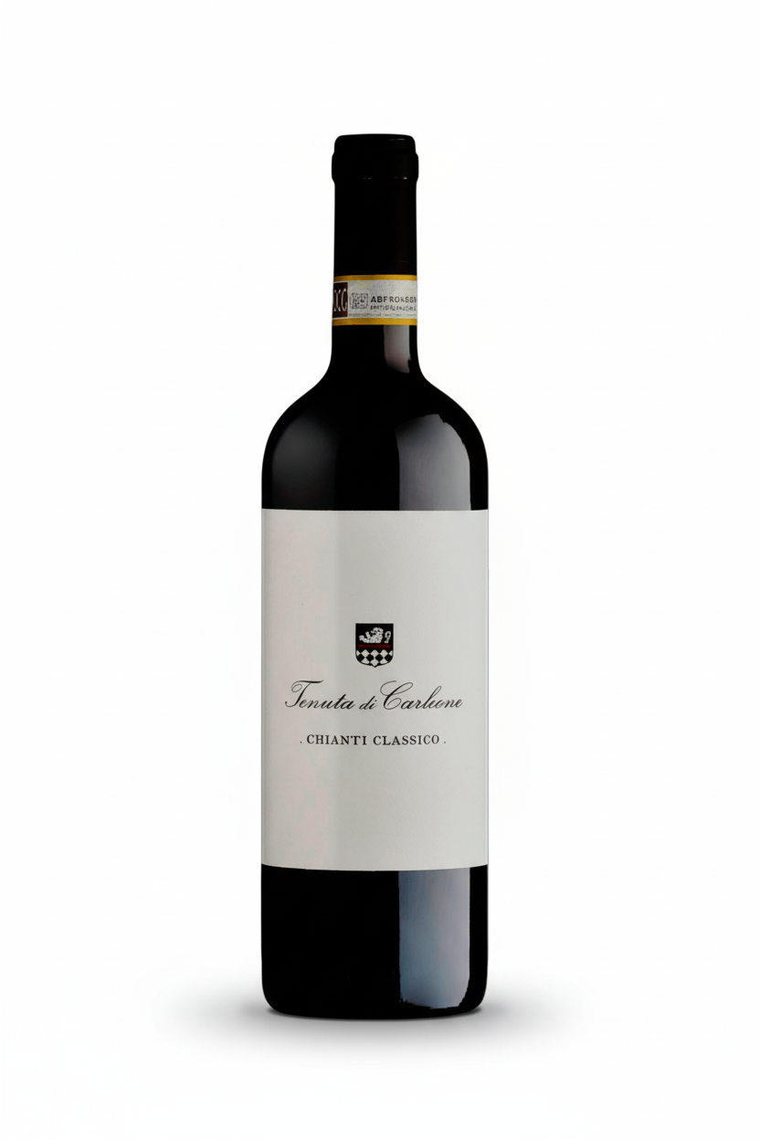 Bottle of Tenuta di Carleone Chianti Classico red wine with label visible in a natural setting.